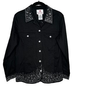 Quaker Factory Womens Rhinestone Bling Jean Jacket Size XS Black